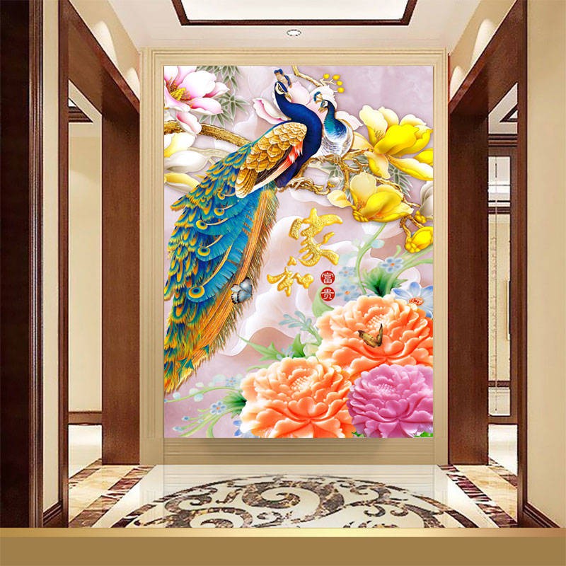 全館免運 玄關畫風水壁畫掛畫歐式3d立體壁紙自粘金孔雀裝飾畫無框畫玄關過道走廊風水招財壁畫 Rakuten樂天市場