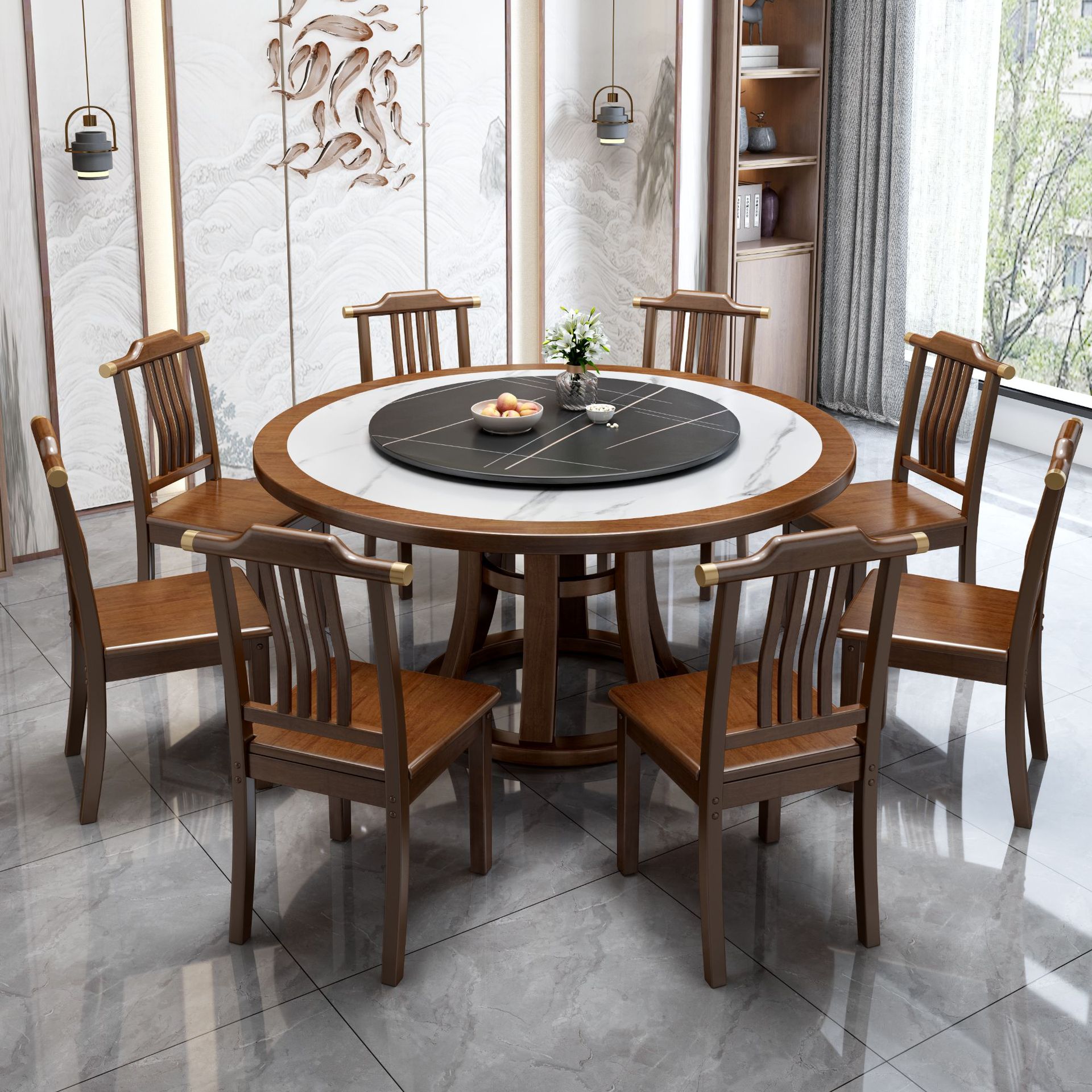 新中式全實木巖闆餐桌圓型現代簡約圓桌家用桌子小戶型餐桌椅組合