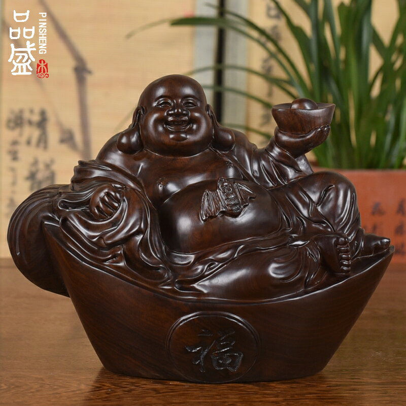木雕彌勒佛像擺件笑口常開招財布袋坐笑佛家居紅木黑檀工藝品禮品1入