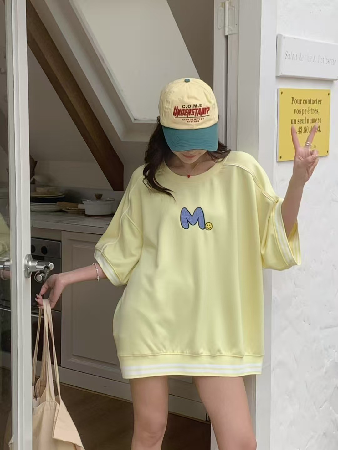 空氣棉刺繡拼接螺紋休閒大T-4色   【B393177】