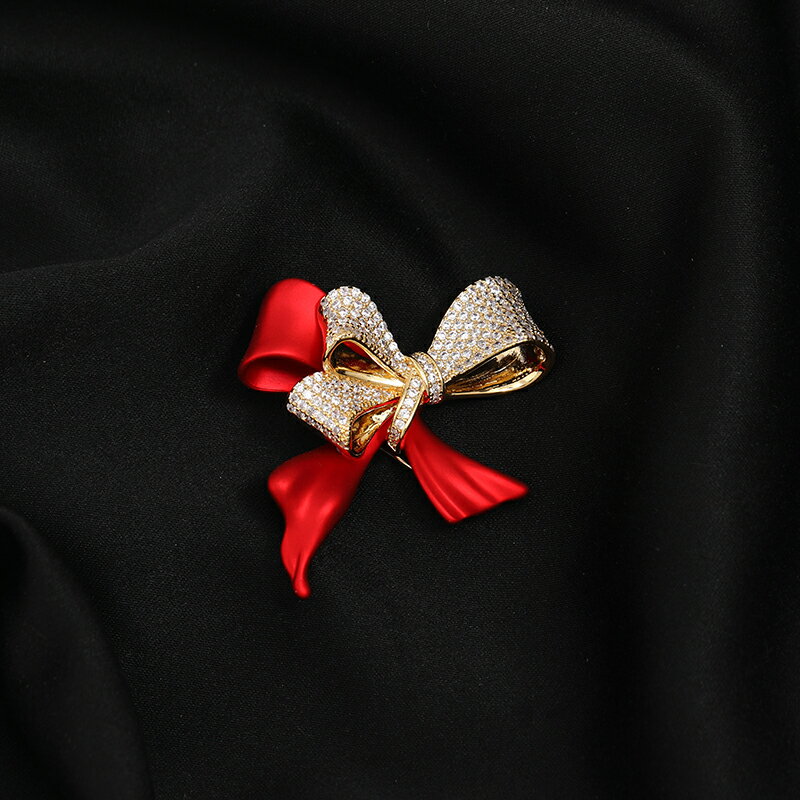 優雅紅色蝴蝶結水晶胸針女高檔奢華氣質西裝百搭胸花精致別針配飾