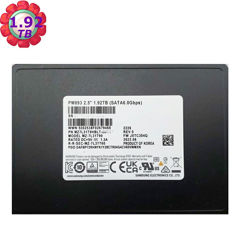 SAMSUNG PM893 1.92TB SATA 6Gb/s 2.5＂ Enterprise SSD MZ7L31T9HBLT固態硬碟