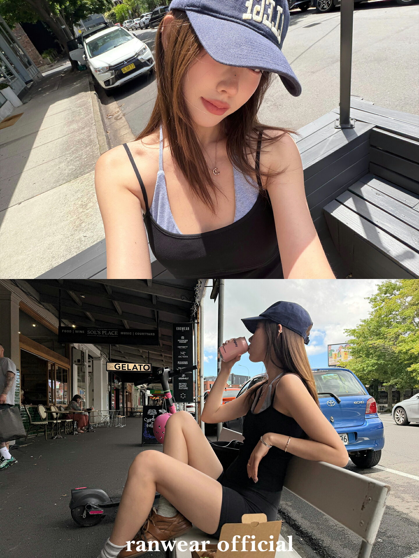 Ranwear'心動狙擊'撞色假兩件繫帶收腰顯身材自帶胸墊短細肩帶背心