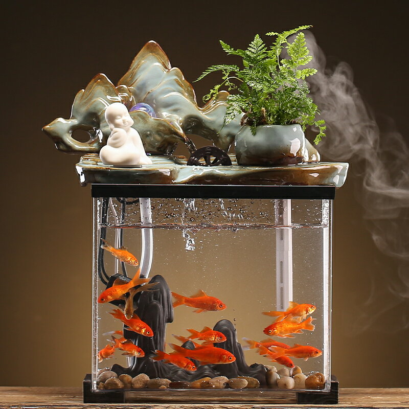 創意魚缸風水輪招財加濕器家居客廳桌面裝飾中式禪意噴泉流水擺件