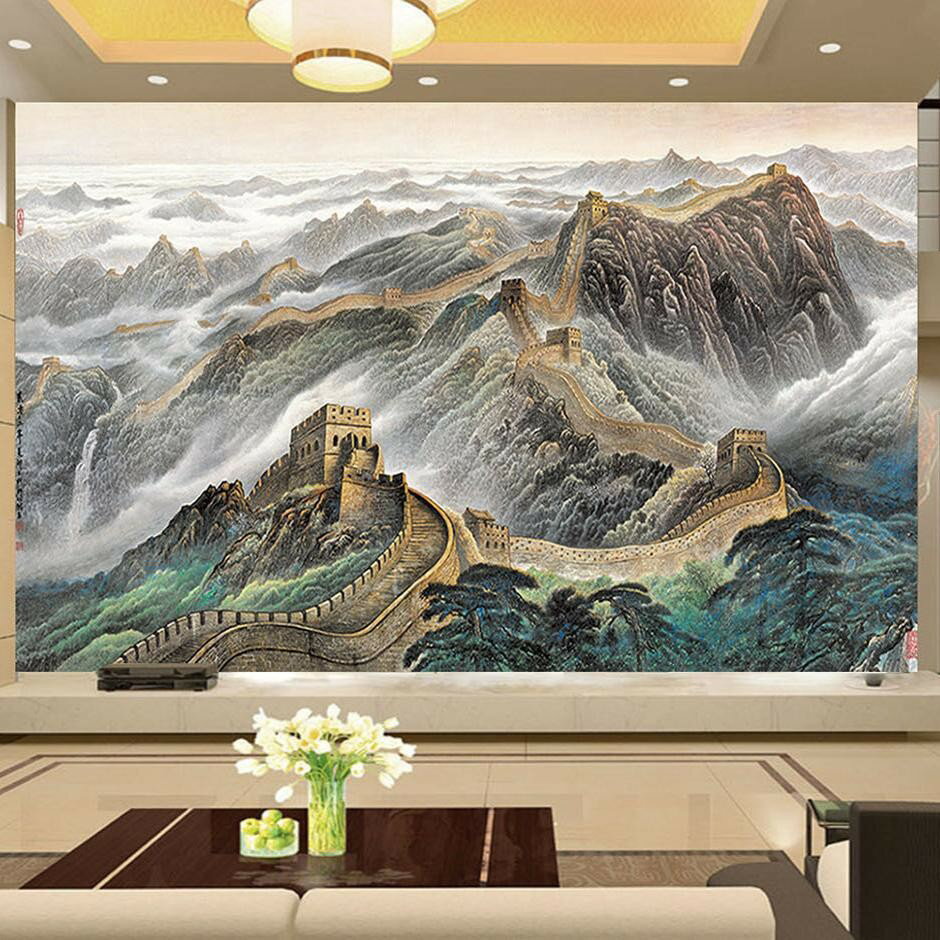 山水牆貼 客廳3d山水水墨畫牆紙辦公室萬裡長城裝飾客廳電視背景牆牆貼自黏【HZ69028】