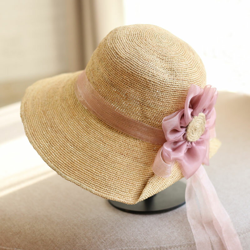 日系拉菲草帽手工花朵卷邊遮陽帽極細編草帽女士遮陽帽優雅出游1入