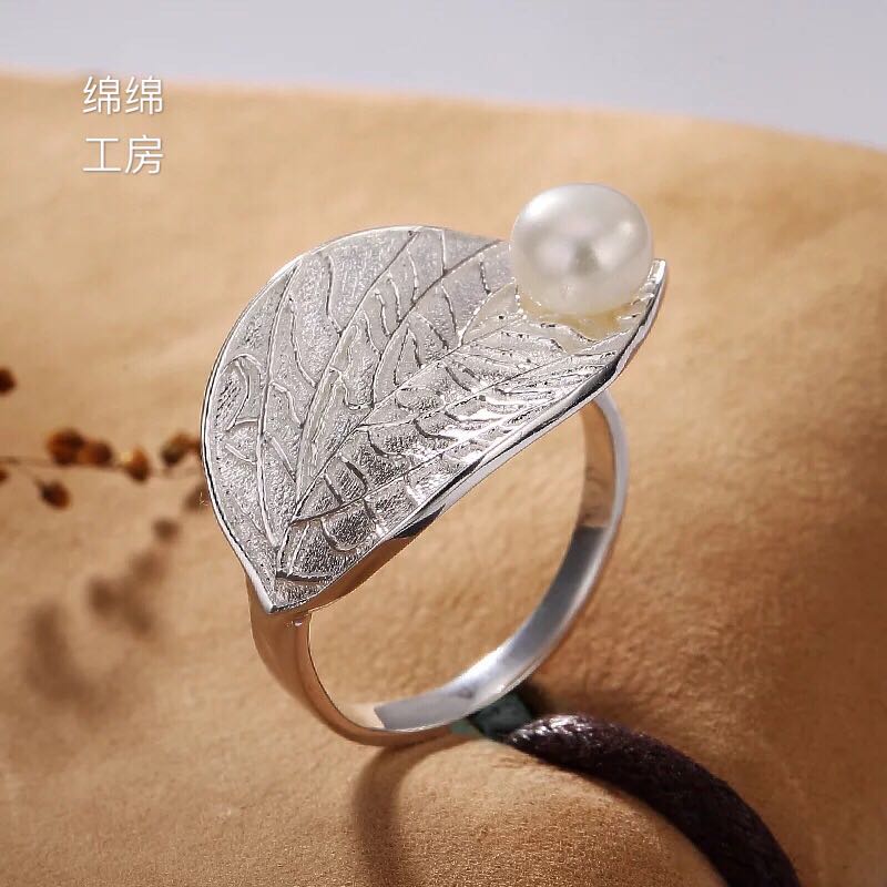 S925純銀葉子珍珠鑲嵌戒指韓版拉絲氣質女士款開口指環