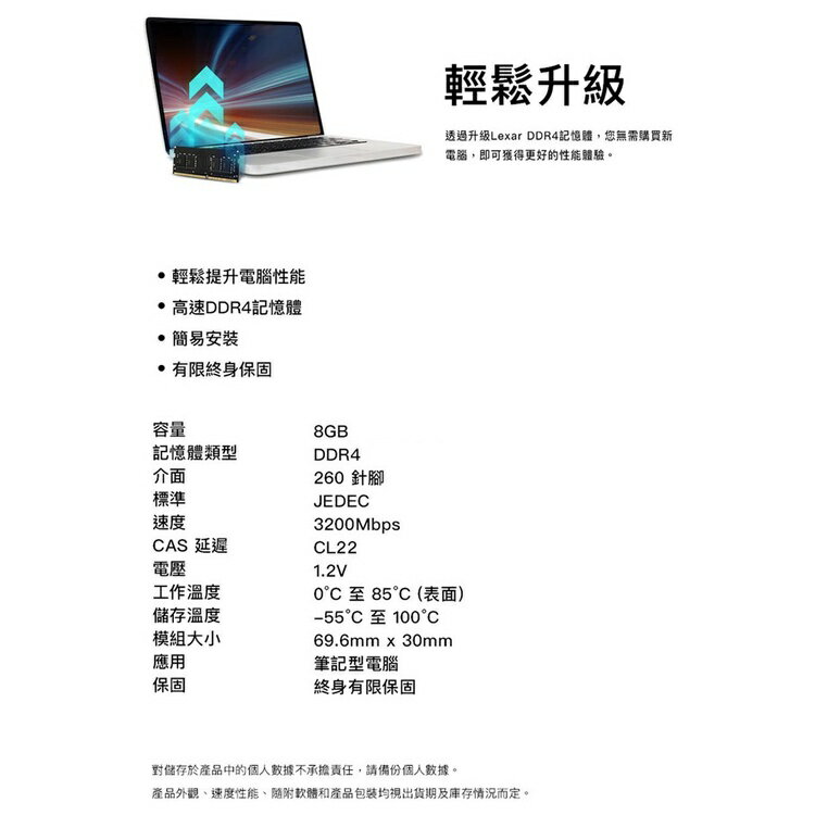 【含稅公司貨】Lexar雷克沙 DDR4 3200 8GB 16GB 32GB筆記型筆電NAS記憶體SODIMM RAM 4