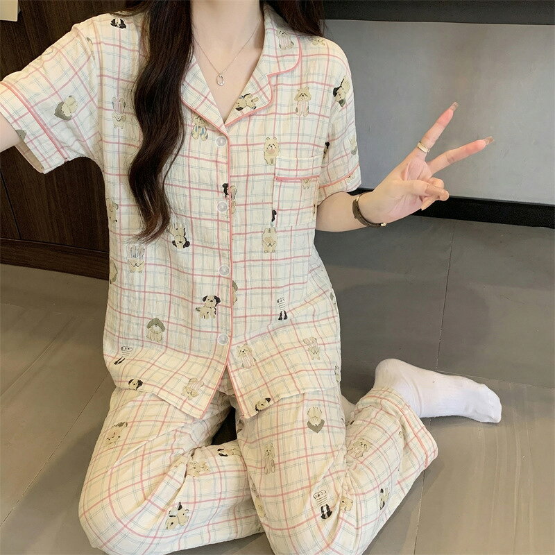 日系ins雲朵棉少女簡約小狗印花短袖長褲翻領格紋慵懶風居家套裝#Hi, 貼心優衣家居#