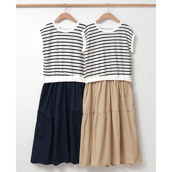 ANNAS 正韓 切袖 條紋 洋裝 無印良品風格 無袖 背心裙 拼接 卡其裙 日系 長洋裝 長裙 韓國 2