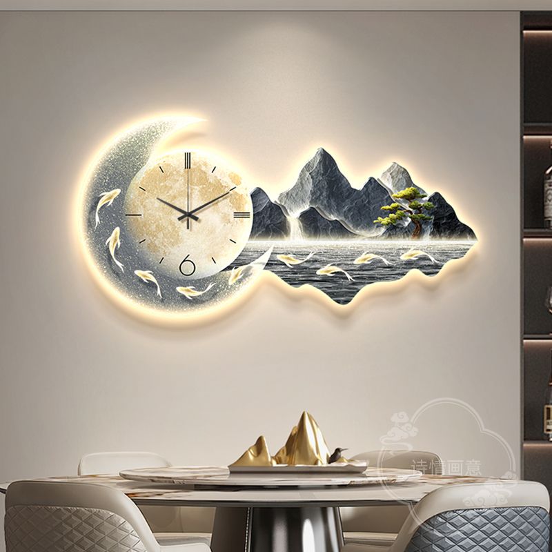 現代輕奢餐廳裝飾畫九魚帶鐘表高級感客廳掛畫新中式山水發光壁畫