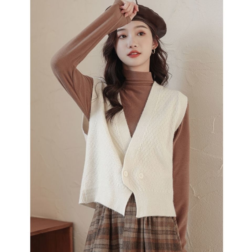 針織馬甲毛衣針織溫柔風寬鬆∨領開衫無袖外套女韓版【淘夢屋】