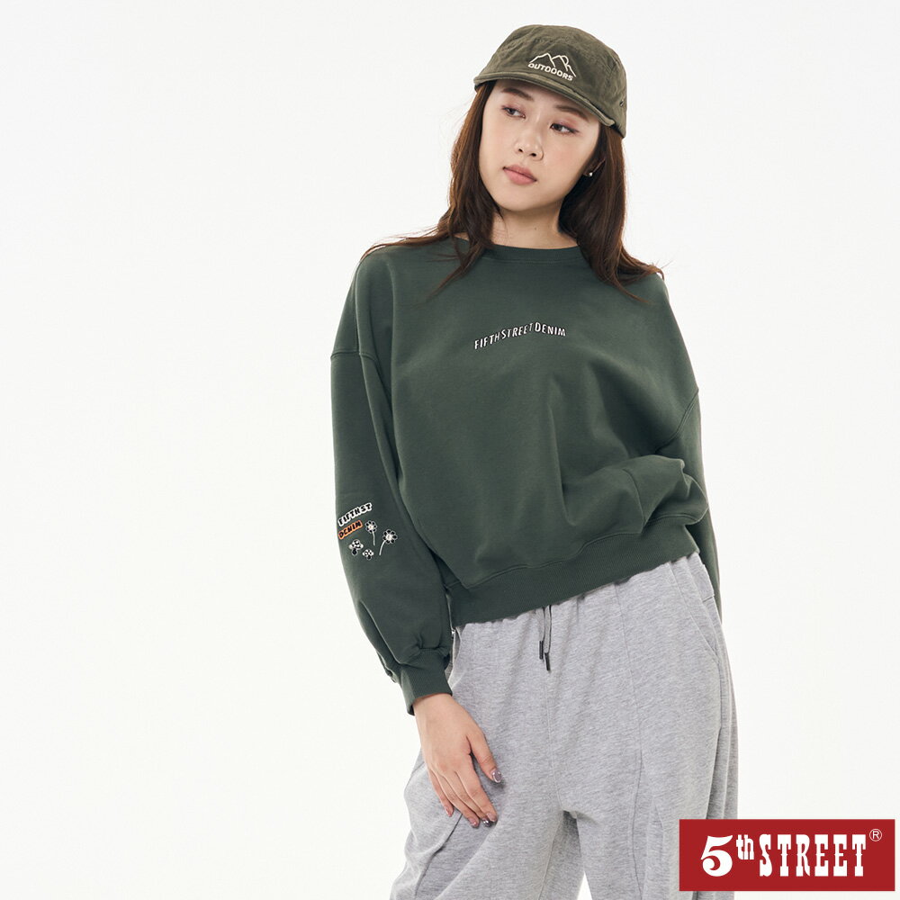 女裝 大學T 長袖 上衣 t恤 繡花 雪山怪 綠色 (561005)【5th STREET】【APP下單享4%回饋】