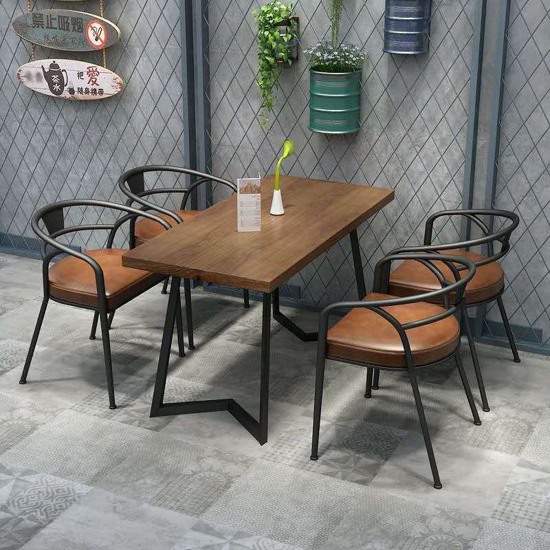工業風餐桌椅組合商用餐飲店奶茶店桌椅餐廳實木鐵藝長方形長條桌