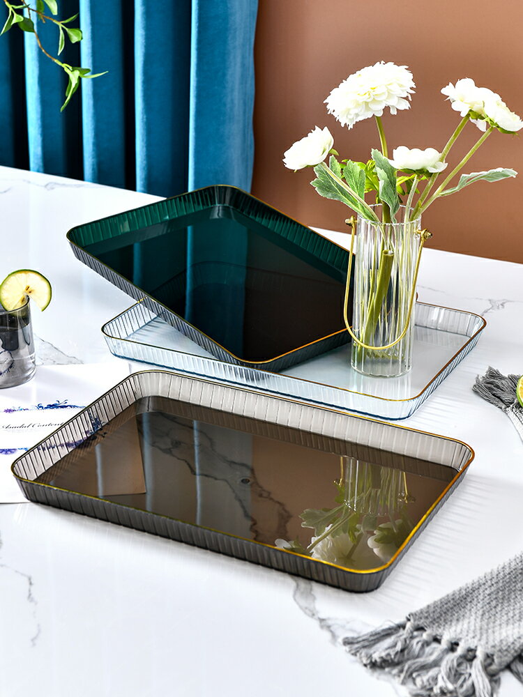 北歐輕奢托盤家用放茶杯水杯茶盤客廳茶幾透明金邊托盤長方形餐盤 2