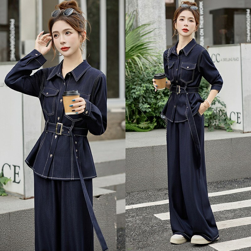 【巴黎精品】現貨+預購 韓風牛仔套裝牛仔外套牛仔褲丹寧夾克女裝-收腰合身系帶牛仔兩件套a1ln50