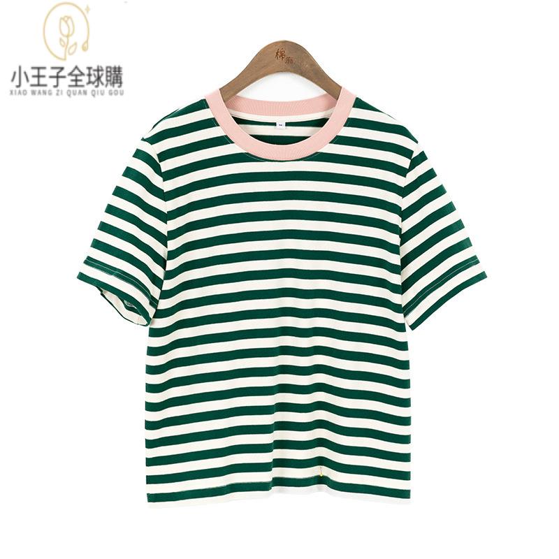 【公司現貨速發】免運 開發票 小王子女裝年夏款條紋T恤 休閑百搭撞色圓領拼接條紋短袖精緻純棉上衣女裝上衣 流行女裝 棉麻 早秋 日韓女裝