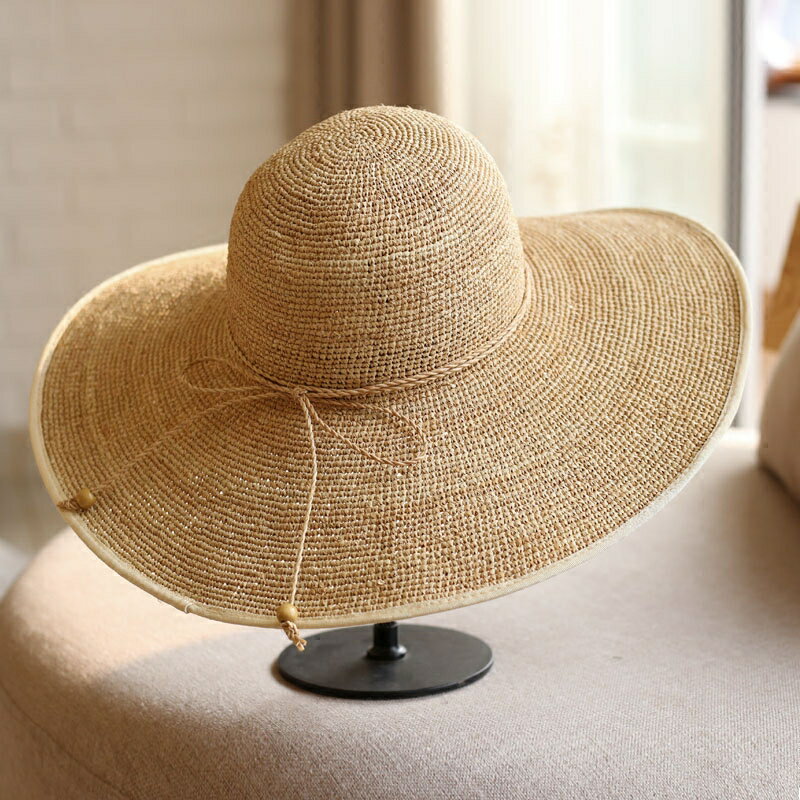 超細手工編織拉菲草帽子夏季帽子女 遮陽帽包邊大檐遮陽防曬草帽1入