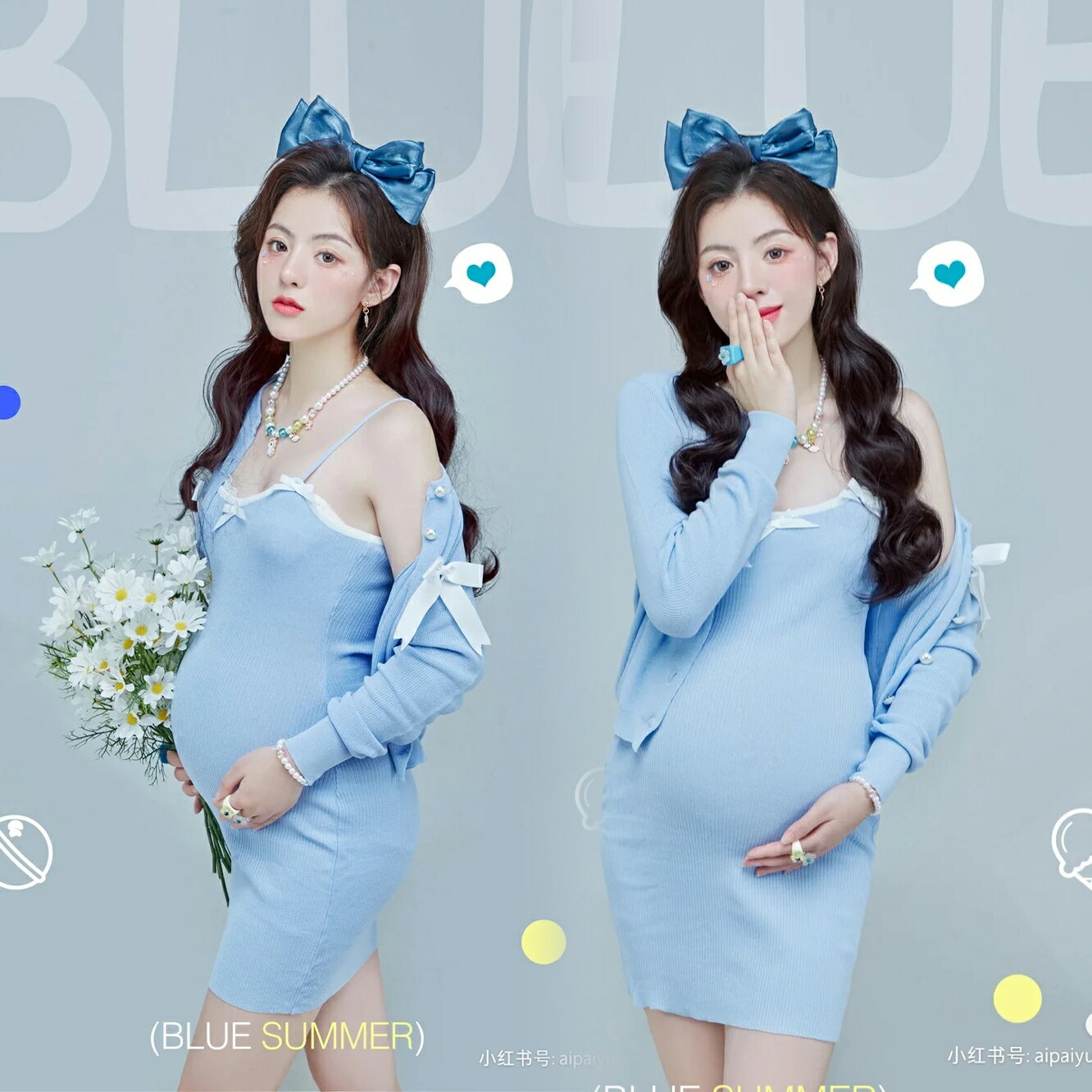 666孕婦照服裝出租賃清新少女寫真藝術照針織藍色影樓連衣裙衣服