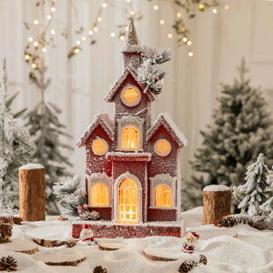 新品圣诞节装饰欧式复古原木小雪屋LED发光摆件