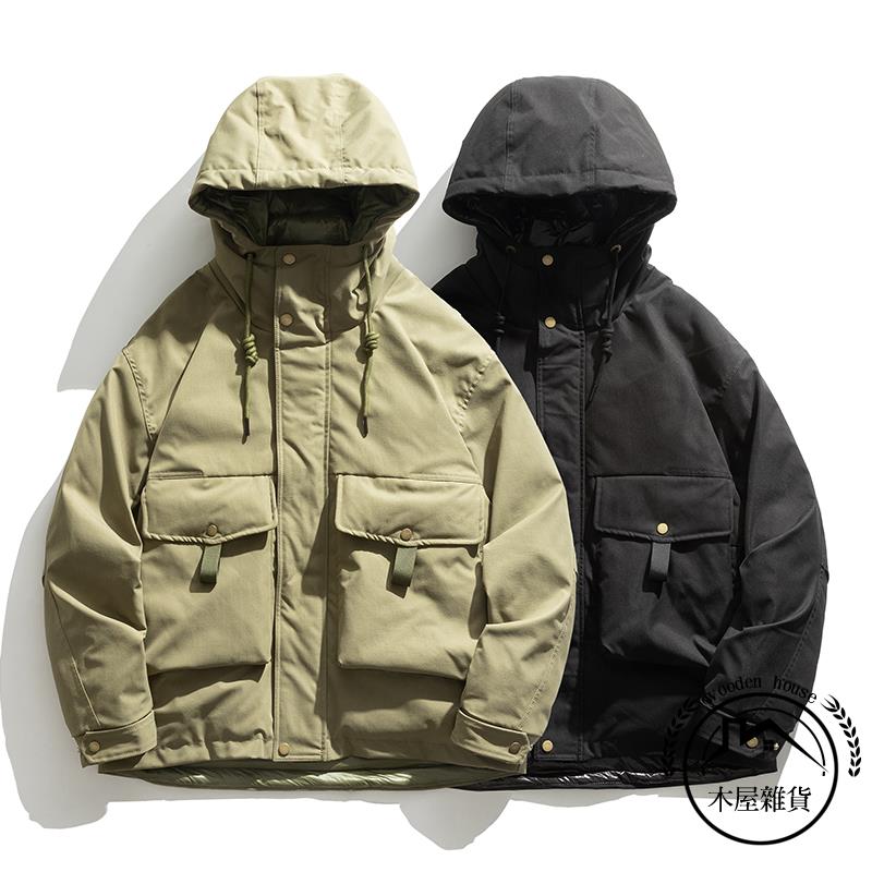 日系復古90白鴨絨羽絨服冬季寬版休閒工裝外套【木屋雜貨】