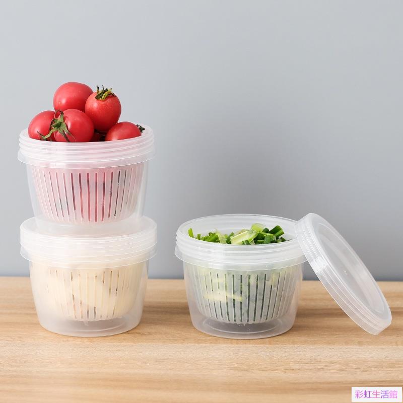 家用冰箱保鮮盒 薑蒜蔥花收納盒 便攜 圓形 密封盒透明瀝水雙層保鮮碗