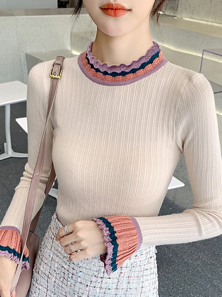 秋冬季新款半高領毛衣針織上衣短款女修身韓版內搭長袖打底衫1入