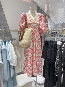 韓國夏裝泡泡袖氣質收腰顯瘦碎花中長連身裙女