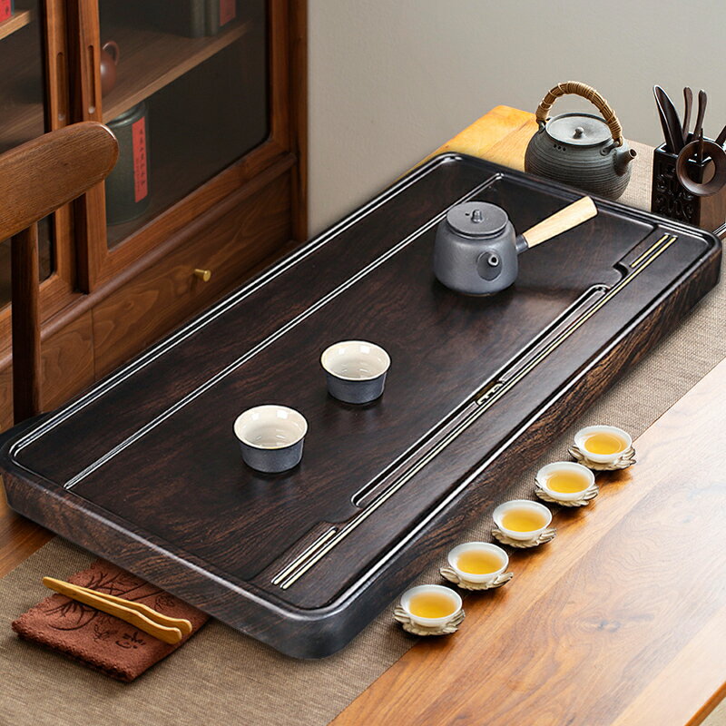 實木茶盤家用輕奢現代小型排水式茶臺功夫茶具茶海簡約黑檀木托盤