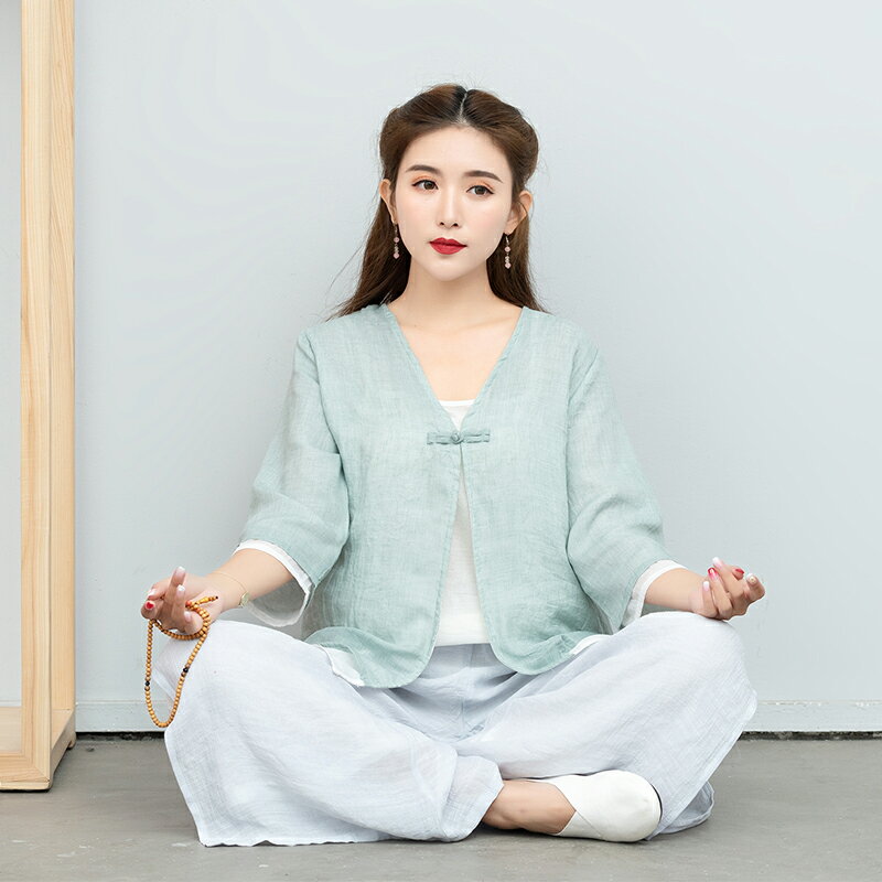 春夏新款中式復古棉麻雙層盤扣開衫禪意茶服亞麻外搭上衣禪修1入