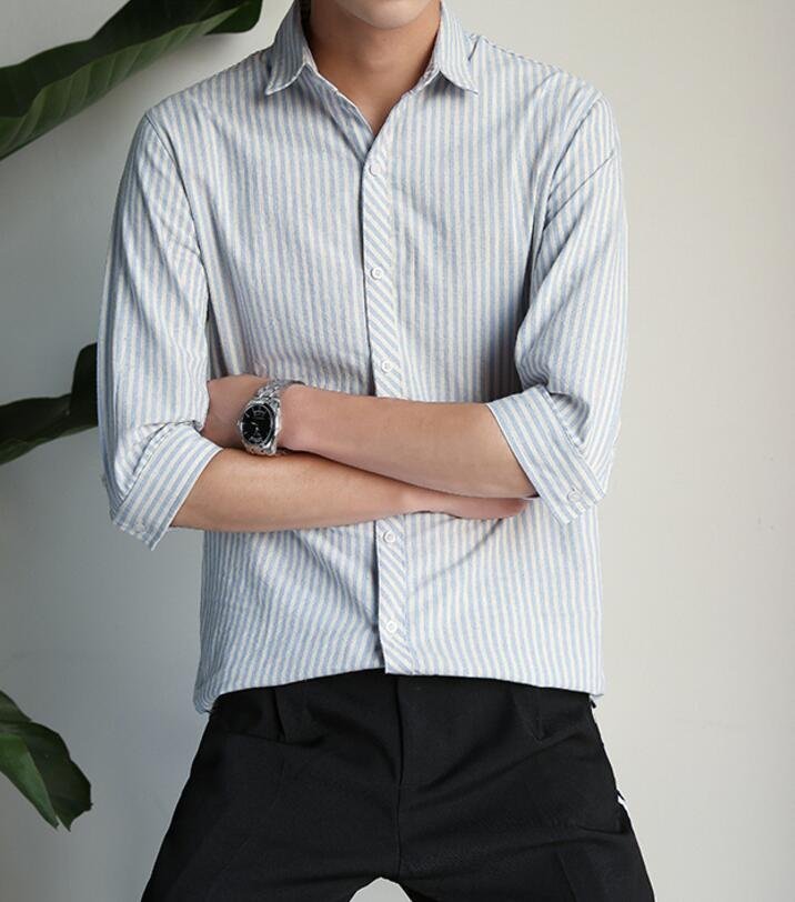 FINDSENSE MD 時尚 男 韓國 休閒 簡約 豎條紋 灰藍粉 襯衫 七分袖襯衫 條紋襯衫
