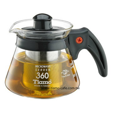 金時代書香咖啡 Tiamo 不鏽鋼濾網 玻璃花茶壺 360cc 黑色 HG2215BK