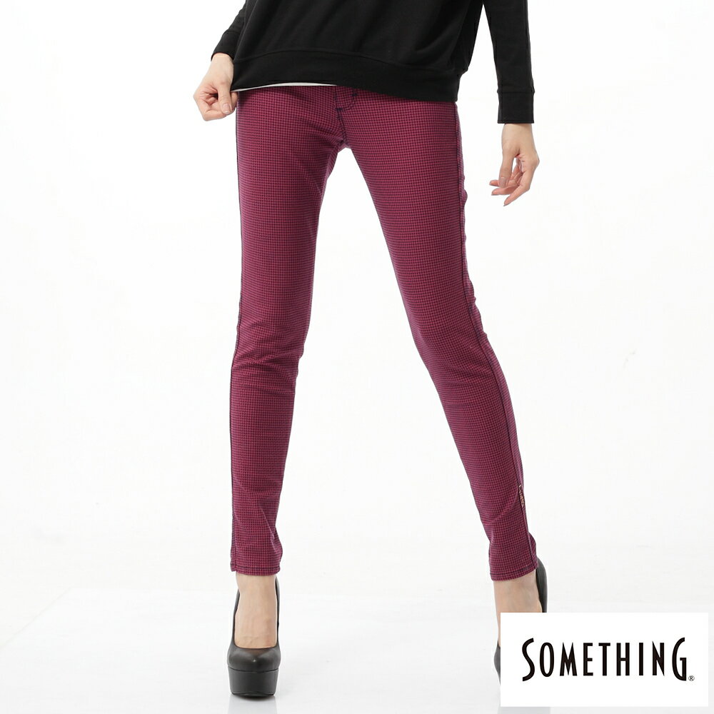 SOMETHING 窄直筒 LADIVA千鳥格合身色褲-女款 玫瑰紅 #限時9折
