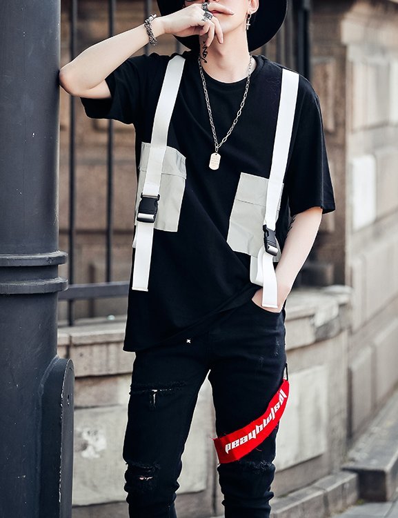FINDSENSE H1夏季 新款 韓國 街頭 織帶反光布 背後印花 時尚 寬鬆 個性短袖 半袖T恤 潮男 上衣