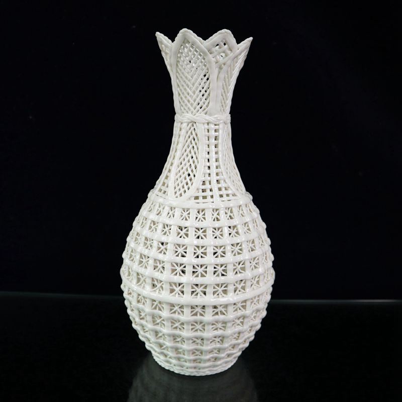 古玩收藏陶瓷器象牙瓷鏤空花瓶 手工編織花瓶 德化瓷花瓶家居擺設