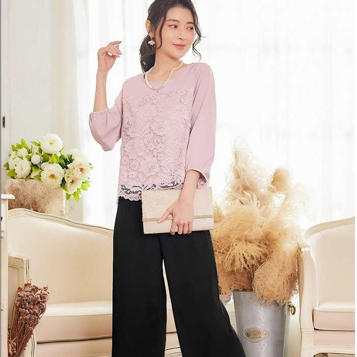 灰姑娘[88131-1-S]套裝七分燈籠袖搭配寬褲兩件套裝(上衣+褲子)