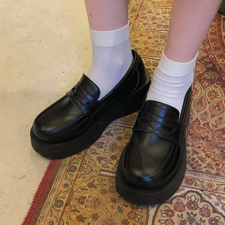 矮子樂鬆糕小皮鞋女英倫風2022春秋新款厚底樂福鞋一腳蹬日系jk鞋