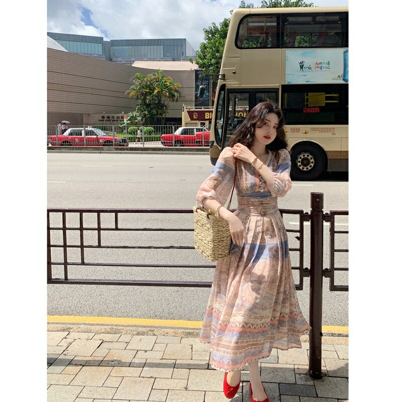 【巴黎精品】現貨+預購 洋裝連身長裙-七分袖度假風收腰法式女裙子a1gp3