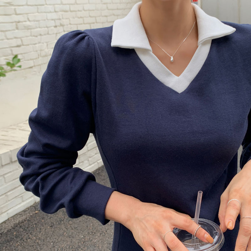 ANNAS 正韓 POLO領魚尾洋裝 顯腰身洋裝 長袖連身裙 長洋 長裙 長洋裝 襯衫 顯瘦 縮腰 文青 V領 韓國 2