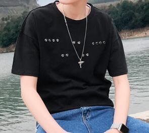 FINDSENSE品牌 韓國潮男 夏裝 圓領寬鬆短袖 釦眼裝飾男T恤