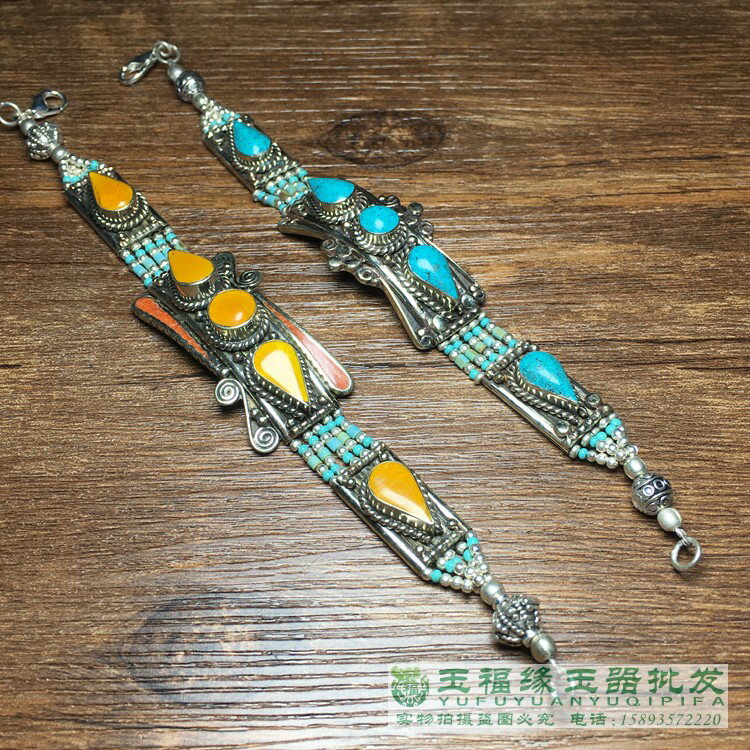 復古民族風飾品女綠松石藏銀手鏈珊瑚鑲嵌蜜蠟個性時尚尼泊爾手工