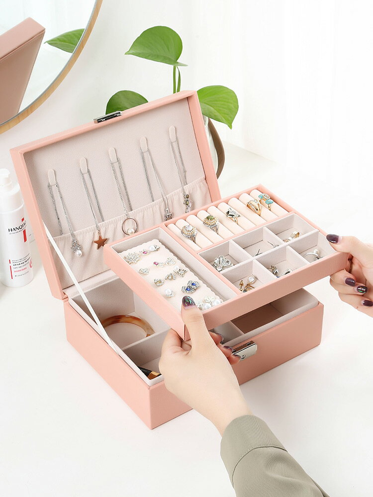 帶鎖珠寶首飾盒公主歐式韓國木質飾品盒耳環耳釘簡約雙層收納盒
