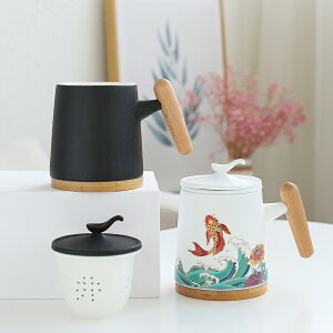 創意個性木把辦公陶瓷茶水分離茶杯彩繪中國風錦鯉家用水杯馬克杯