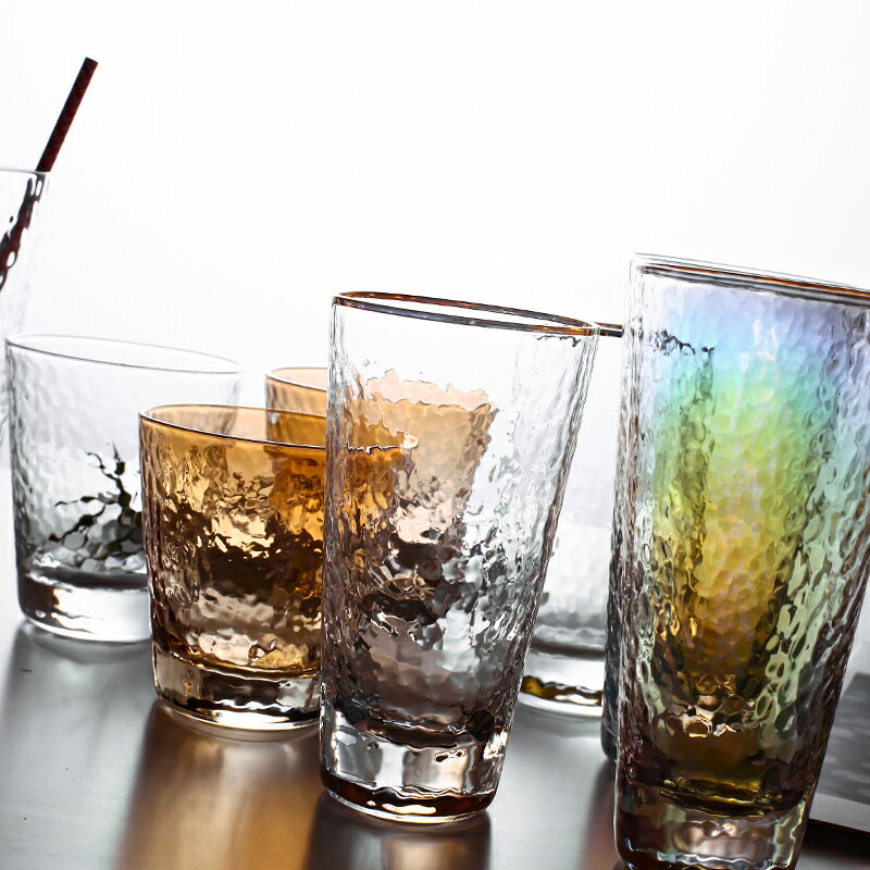 錘目紋耐熱玻璃透明玻璃杯描金炫彩琥珀色冰咖啡杯果汁檸檬水家用