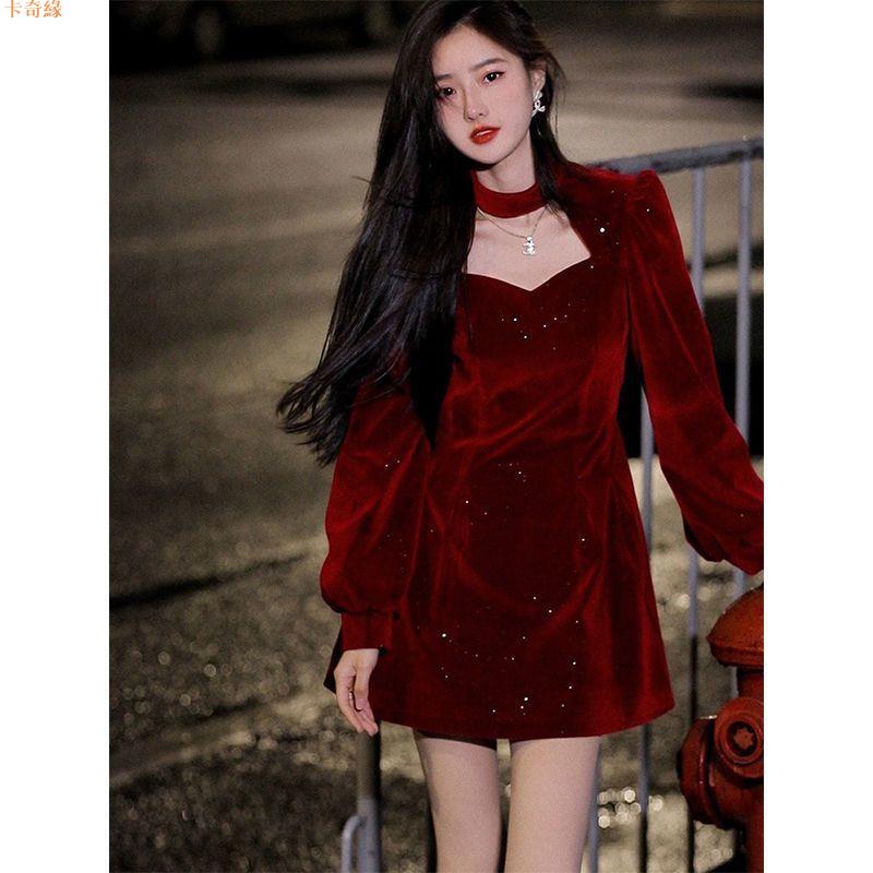 赫本風方領絲絨紅色連衣裙秋冬新款復古圣誕blingbling年會小黑裙