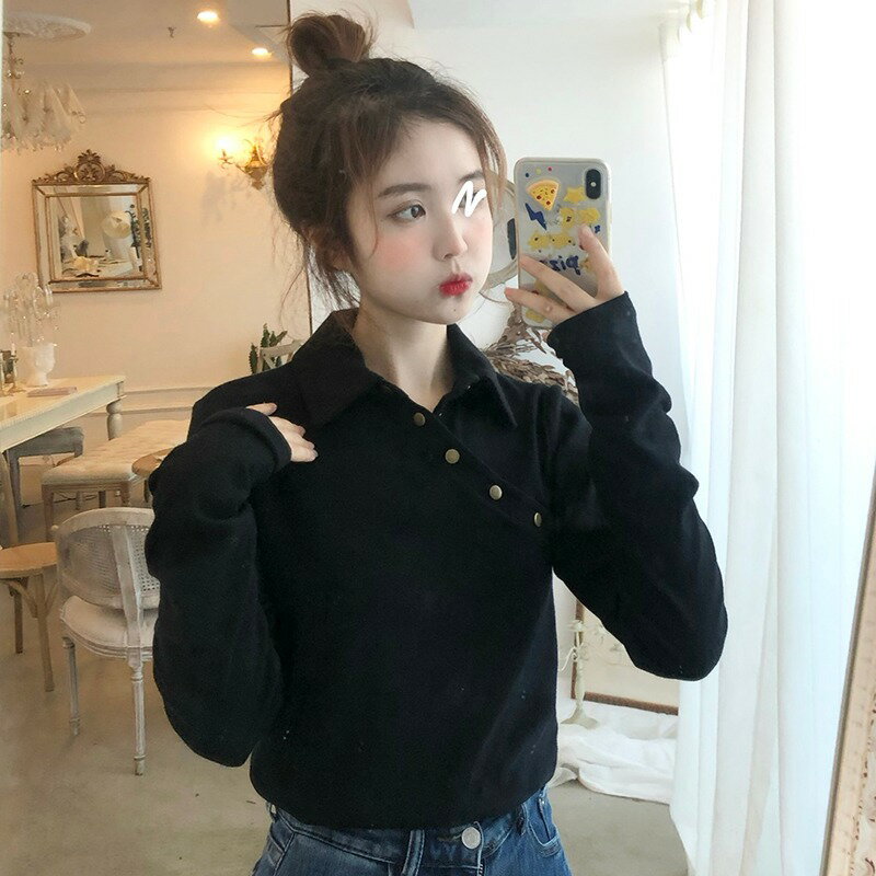 2021早秋新款女裝歐貨小眾別致超好看上衣斜排扣polo領襯衫薄款潮
