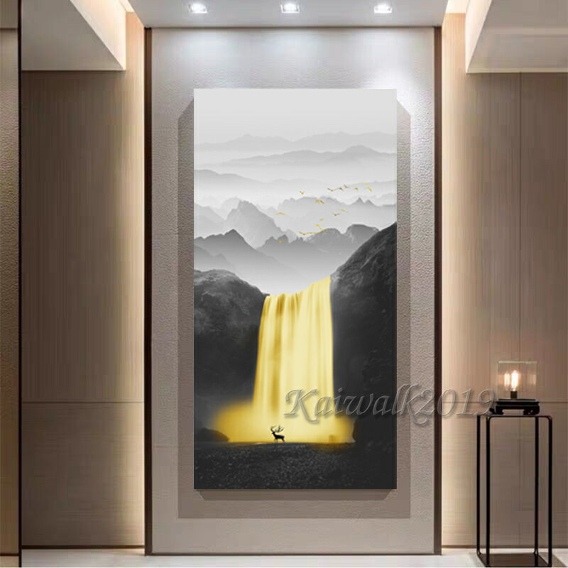 實木框畫 風景 金色 瀑布 金山 麋鹿 山水畫 背靠有山 流水生財 發財樹 居家裝飾 客廳玄關掛畫 房間臥室 生日禮物