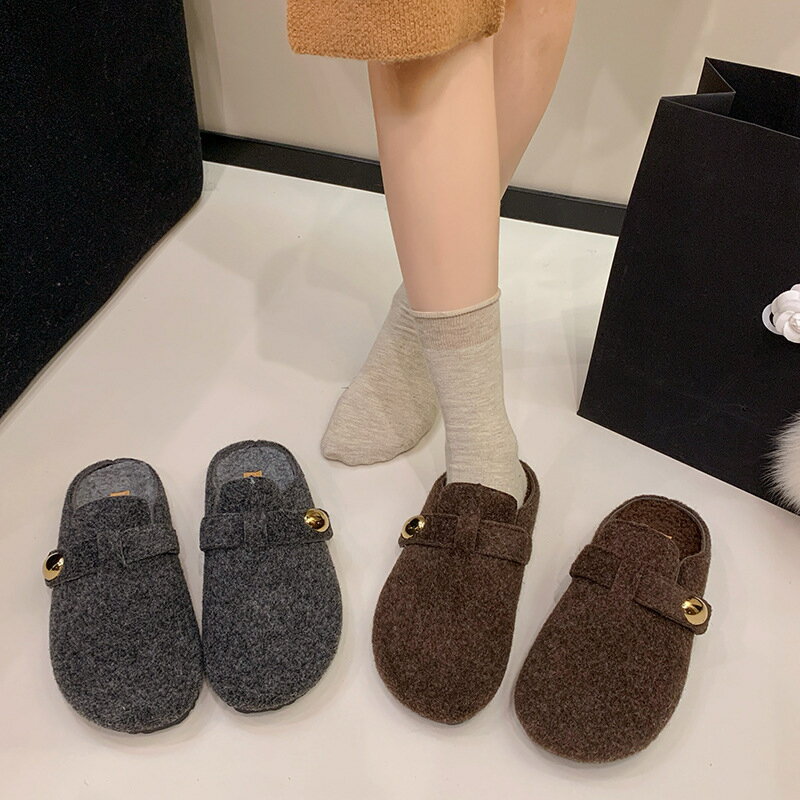 2025冬季新款毛呢加絨勃肯鞋女百搭時尚復古休閑一腳蹬懶人拖鞋