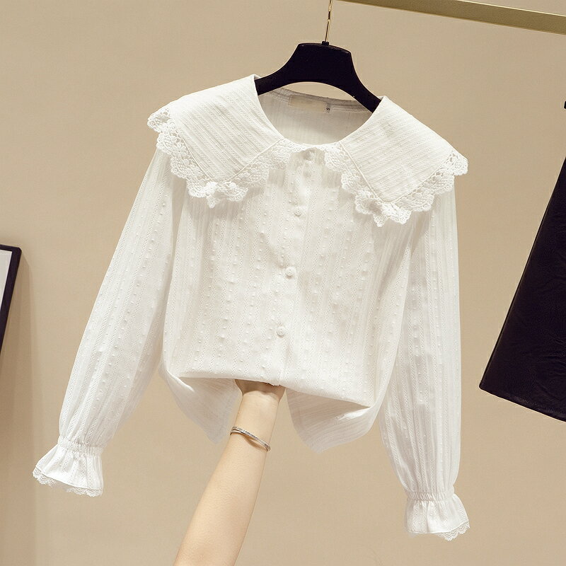 白色襯衫女設計感小眾2021年秋裝新款法式時尚襯衣蕾絲娃娃領上衣