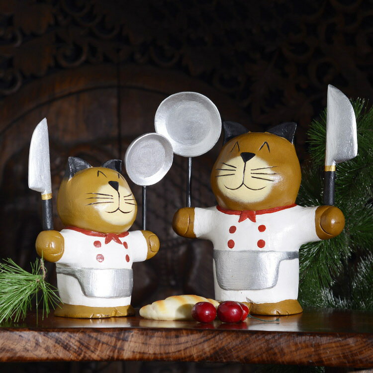 泰國進口東南亞風格動物廚師實木小貓擺設木雕家居擺件小貓咪擺件1入